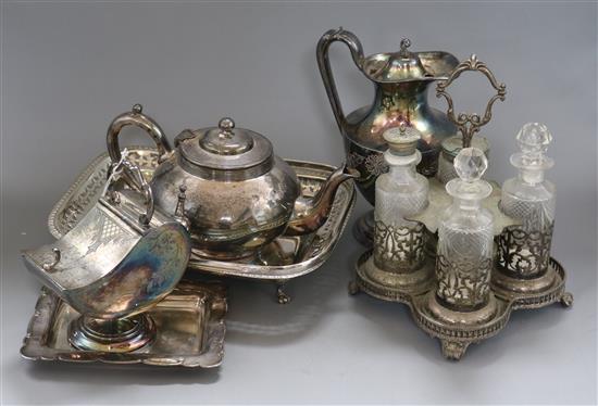 A quantity of plated silver including a teapot, mini coal scuttle etc
